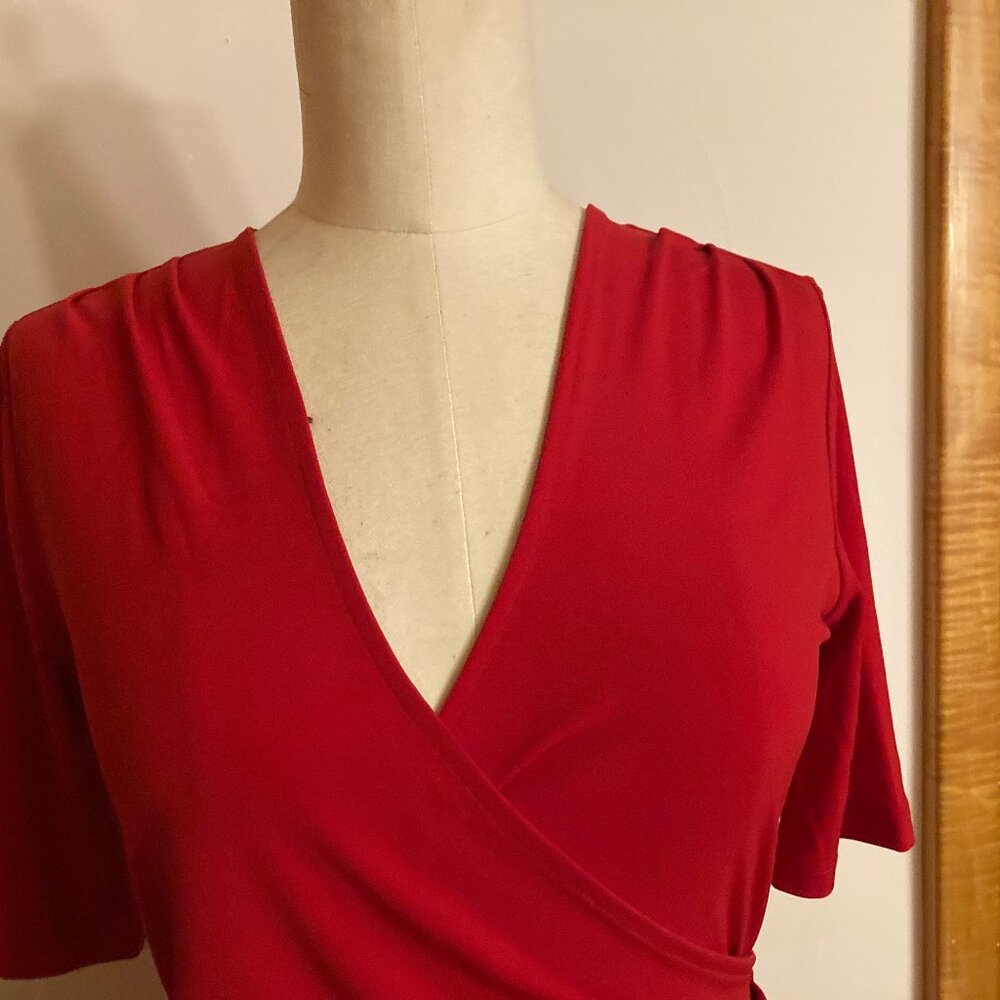 Ruby Red Ruched Dress Bodycon 3/4 Sleeve Valentine Holiday - Picture 5 of 11